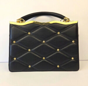 Grossi Black Quilted Rhinestone Handbag Purse Wavy Gold Frame Vintage